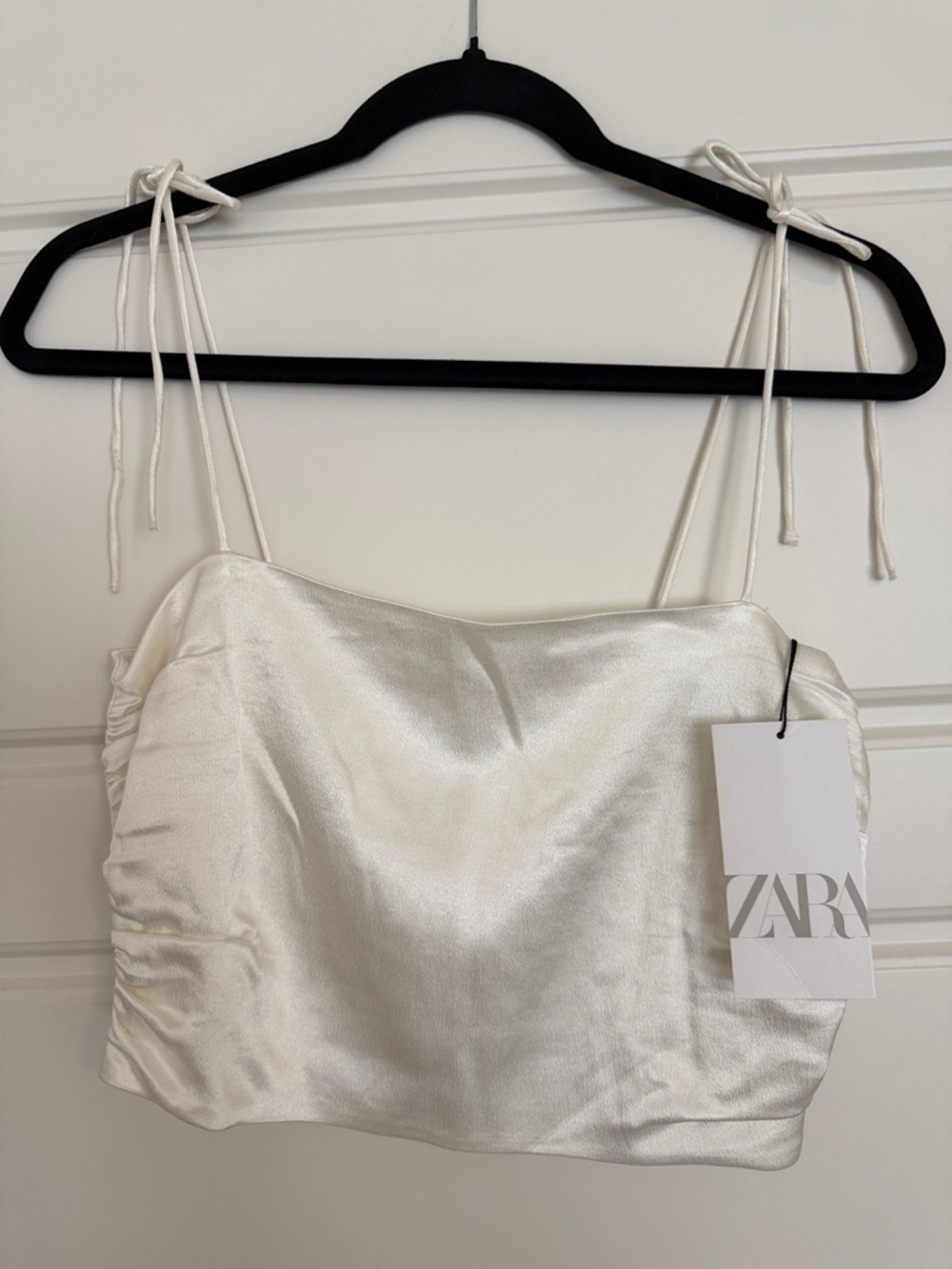 ZARA Ivory Satin Tie-Shoulder Crop Cami